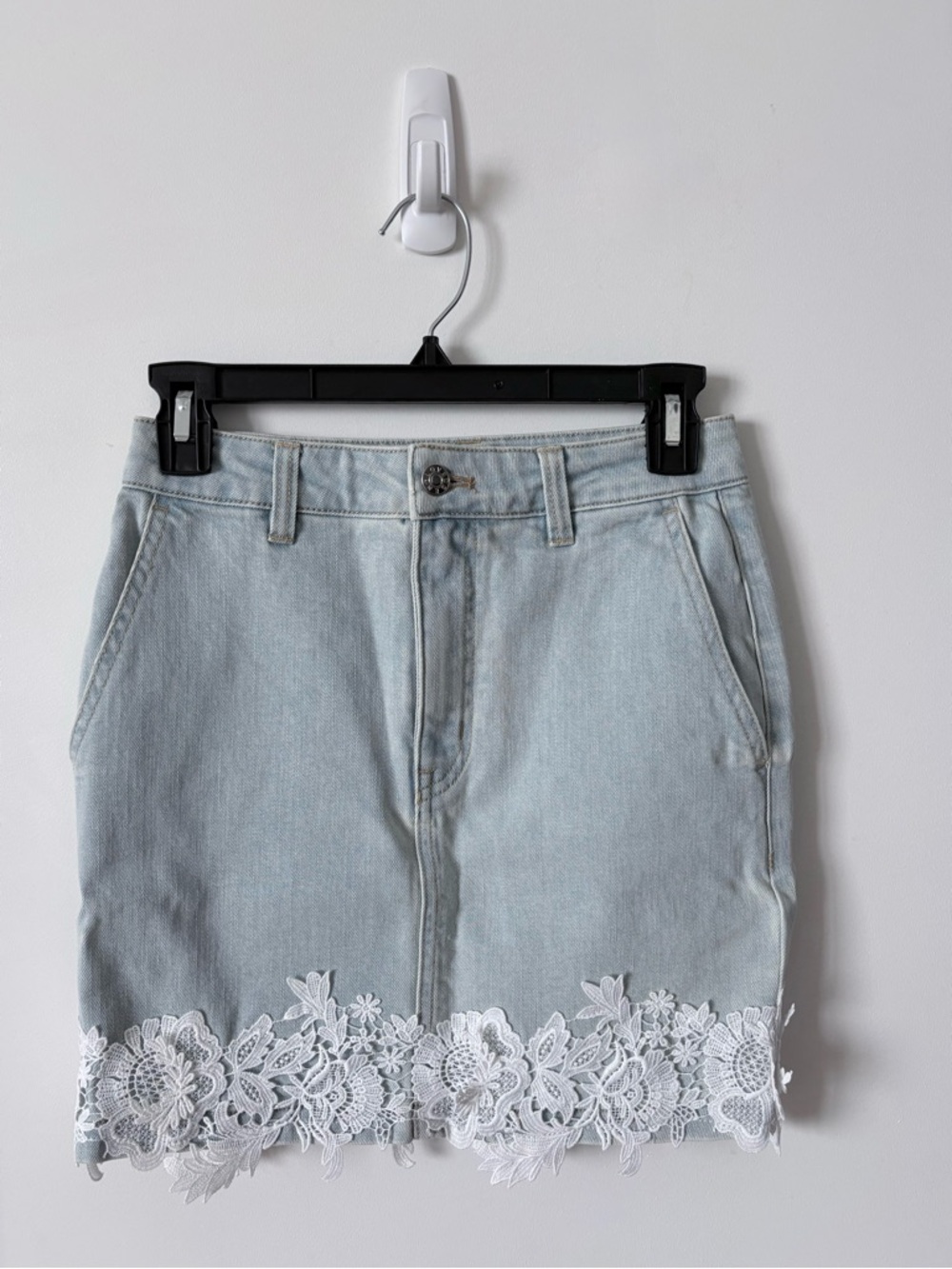 Generation Love Light Blue Denim Mini Skirt with White Lace Hem - Picture 5 of 6